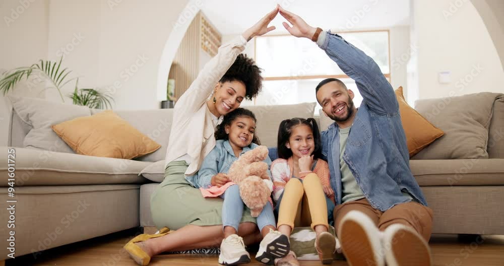 Happy family, face or arms for protection by sofa, love or insurance in living room. Man, woman and daughter and smile portrait with hands arch for security, safety and wellness on weekend in house Happy family, face or arms for protection by sofa, love or insurance in living room. Man, woman and daughter and smile portrait with hands arch for security, safety and wellness on weekend in house