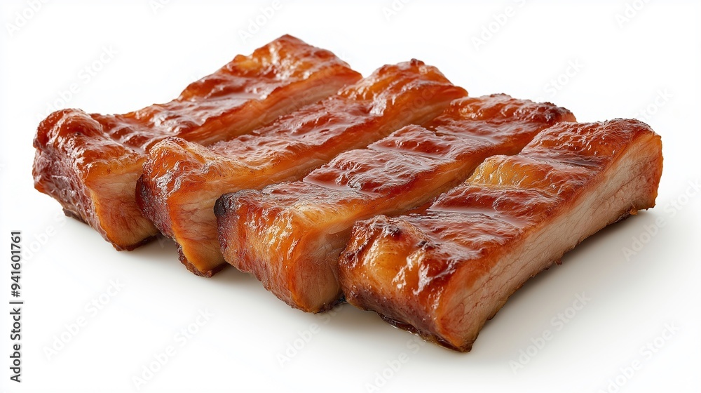 A piece of meat is sliced into four pieces and is sitting on a white background. The meat is brown and looks delicious.Generative ai illustration. A piece of meat is sliced into four pieces and is sitting on a white background. The meat is brown and looks delicious.Generative ai illustration.