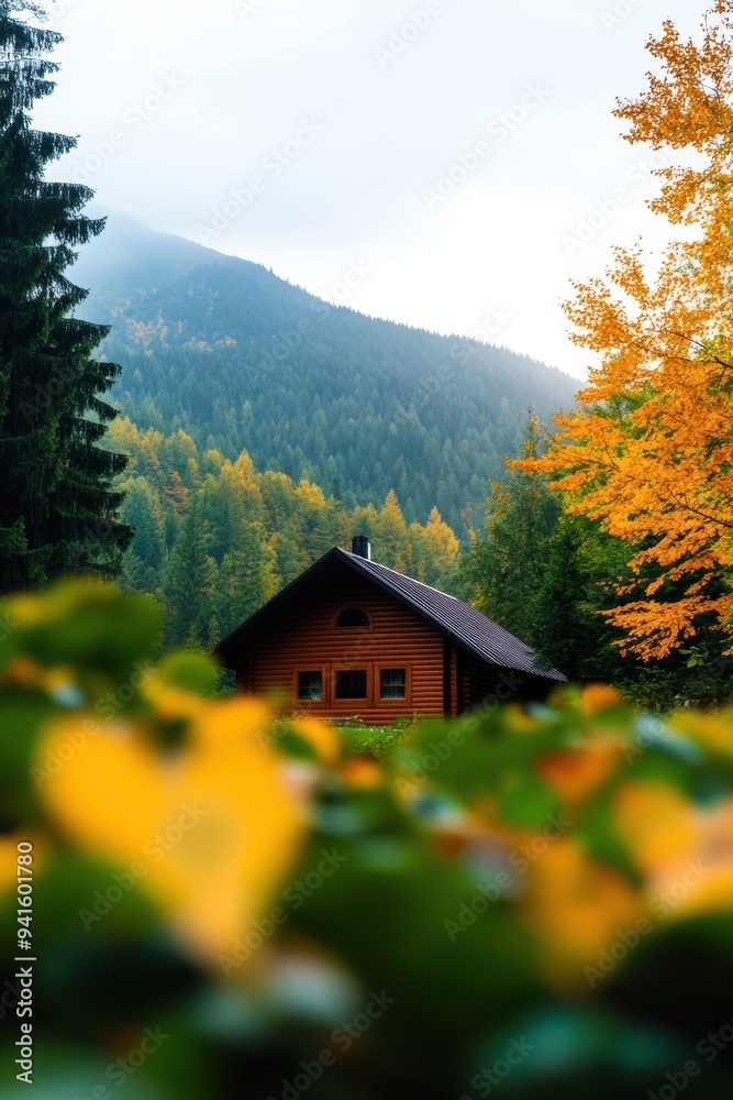 Rustic mountain cabin surrounded by vibrant autumn foliage and lush greenery, set against a misty mountain backdrop. Rustic mountain cabin surrounded by vibrant autumn foliage and lush greenery, set against a misty mountain backdrop.