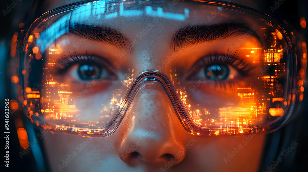 Futuristic Digital Cityscape Reflected in Eyeglasses Illustration Futuristic Digital Cityscape Reflected in Eyeglasses Illustration