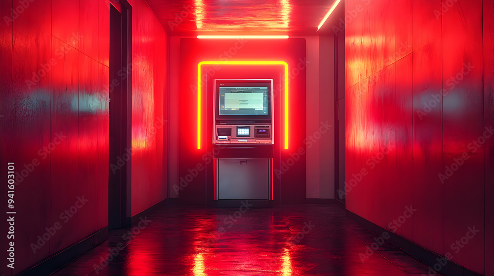 Red Neon Hallway with ATM Illustration Red Neon Hallway with ATM Illustration