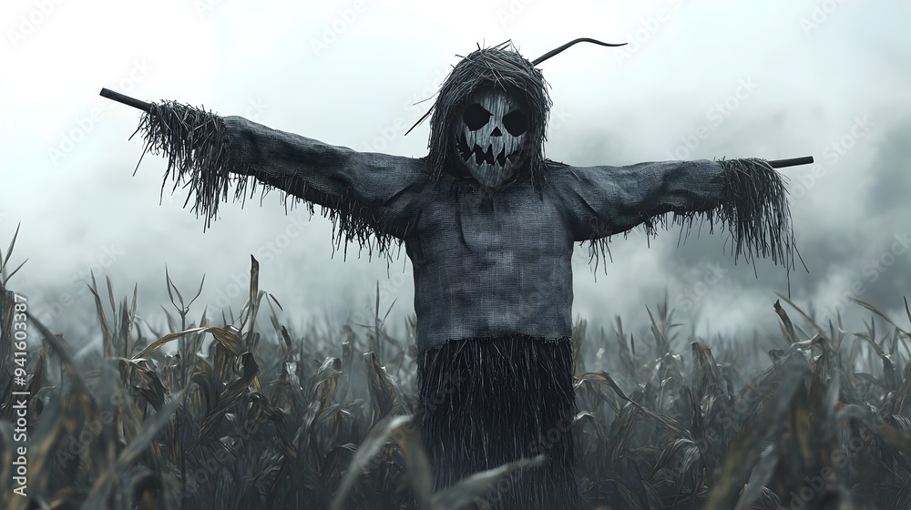 Fototapeta premium Sinister Scarecrow Looming Over Misty Cornfield in Dark Fantasy Atmosphere