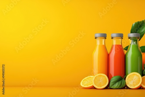 Vibrant bottles of fresh juice with citrus slices on a bright yellow background, perfect for marketing and beverage themes.