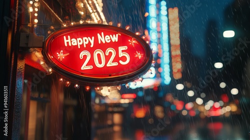 Bokeh lights framed by neon sign wishing a happy new year 2025