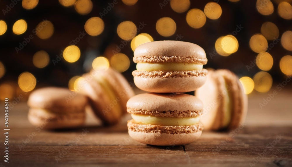 Obraz premium macarons very juicy beige delicate color stack on the table from behind bokeh warm 