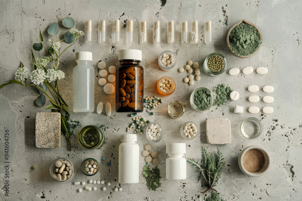 Flat lay of jars with dietary supplements, herbs and plants on a concrete surface. Natural and alternative medicine concept. Healthy lifestyle concept, natural and alternative medicine. Flat lay of jars with dietary supplements, herbs and plants on a concrete surface. Natural and alternative medicine concept. Healthy lifestyle concept, natural and alternative medicine.