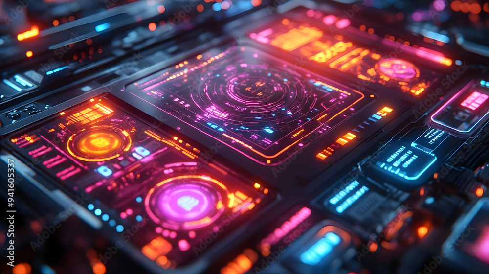 Futuristic Technology Interface with Neon Lights - 3D Illustration