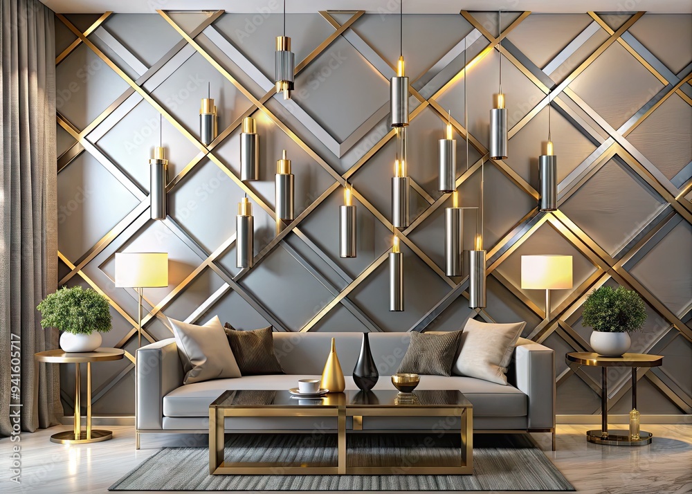 Obraz premium Contemporary Radiance: Sleek silver lines intersect with shimmering gold accents, creating a modern and sophisticated aesthetic.