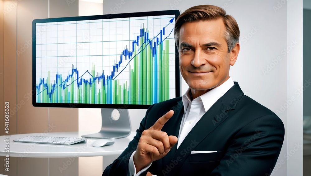Businessman pointing at stock market data on screen Businessman pointing at stock market data on screen