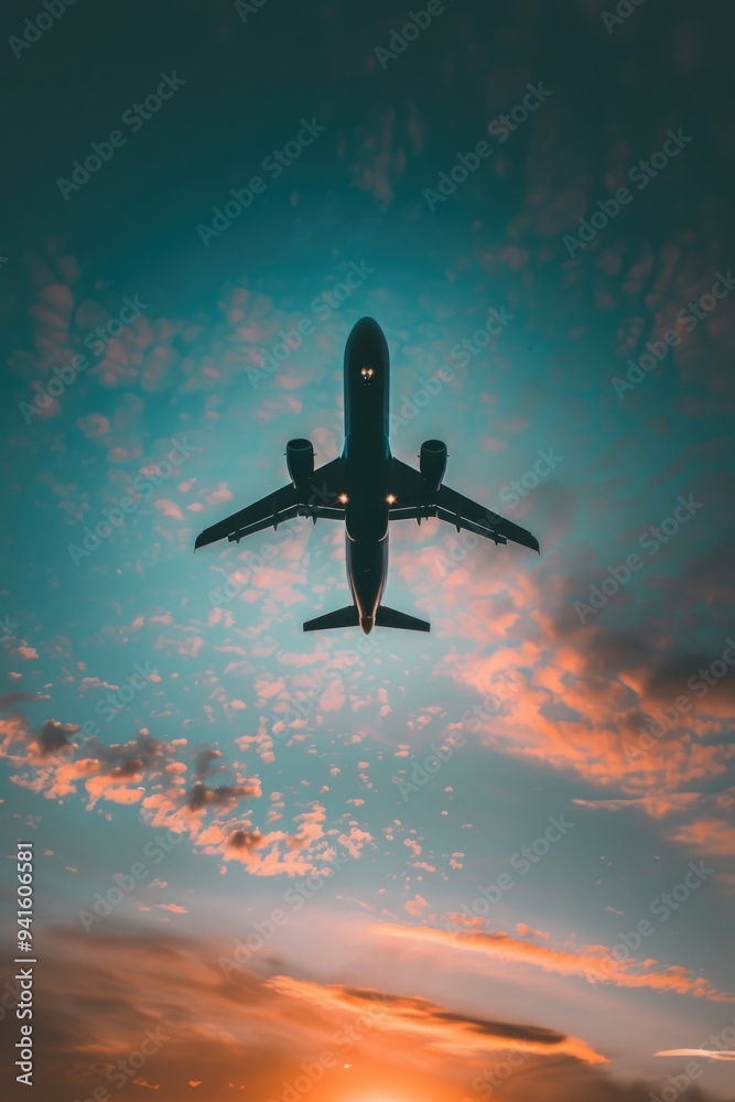 A commercial airliner soaring above a thick cloud layer, with the sun shining through the gaps A commercial airliner soaring above a thick cloud layer, with the sun shining through the gaps