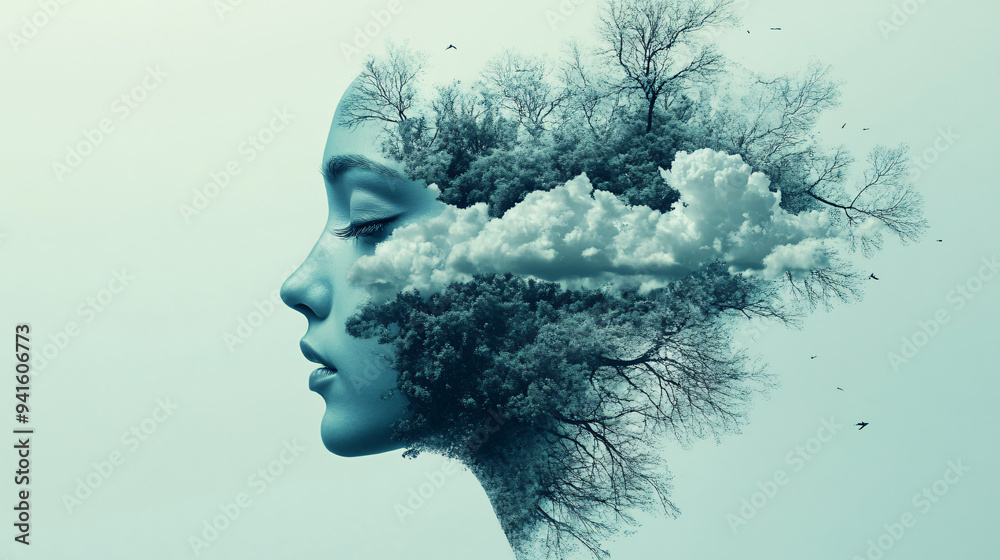 A surreal portrait blending human features with nature, showcasing a dreamy landscape of trees and clouds. A surreal portrait blending human features with nature, showcasing a dreamy landscape of trees and clouds.