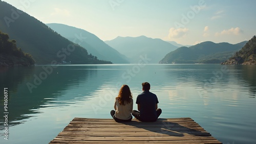 Two friends sitting side by side on hillstation photo