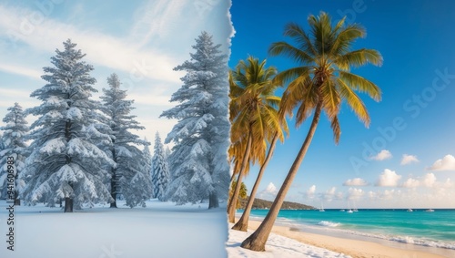 Wallpaper Mural Contrasting seasons snowy pines and sunny beach Torontodigital.ca