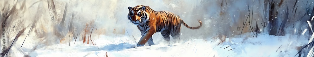 Obraz premium Anime-style Tiger in the Snow: The Ideal Creative Poster for 2025 Winter Sports, Christmas, New Year, and Spring Festival Promotions,Anime-style illustrations, picture books for poster, novel, user