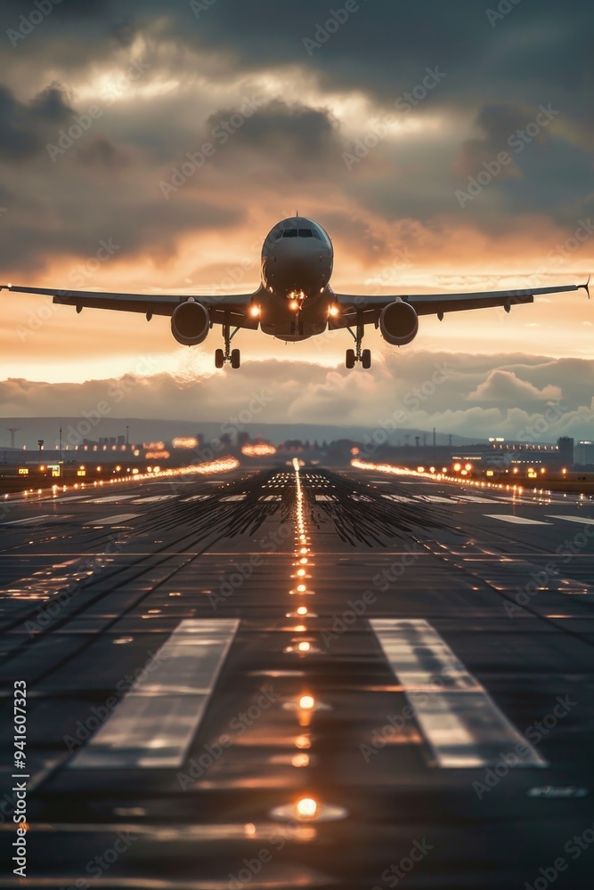 A commercial airliner lifts off the ground on a busy airport runway, getting ready for its journey A commercial airliner lifts off the ground on a busy airport runway, getting ready for its journey