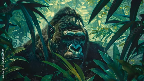 An image of a gorilla in a lush forest created digitally. conceptualizes wildlife harmony. Ideal for artistic collections or projects with a natural theme. vivid and engrossing photo