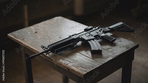 Assault rifle on a wooden table in a dimly lit room photo