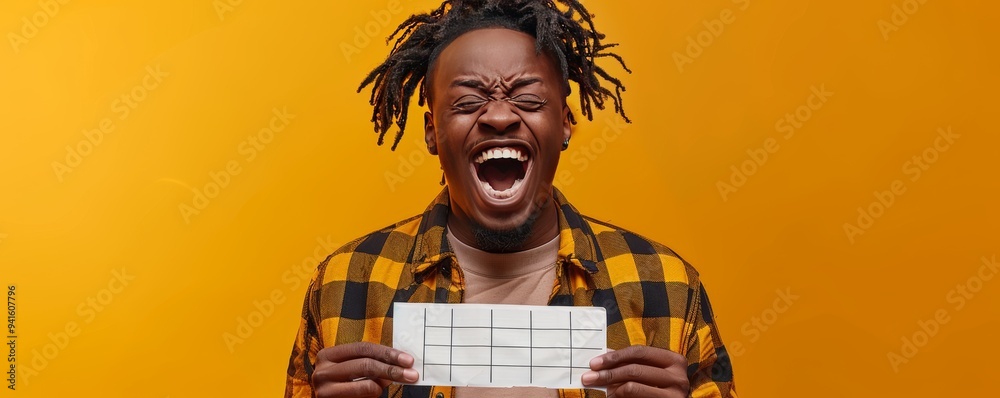 Ecstatic Young Man Celebrating Success with a Bright Smile and Holding a Blank Calendar on a Vibrant Yellow Background Ecstatic Young Man Celebrating Success with a Bright Smile and Holding a Blank Calendar on a Vibrant Yellow Background