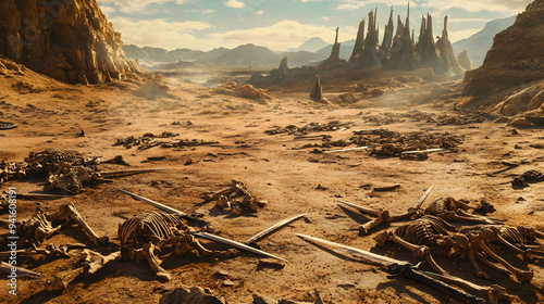Barren Desert Landscape Scattered with Eerie Piles of Bones