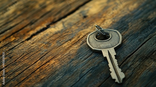 A key to a new home placed on a grained wooden board, representing the dream of homeownership and the future.