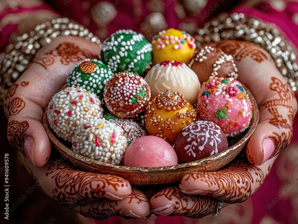 A close-up of hands adorned with intricate henna designs, holding a thali brimming with an assortment of traditional Indian sweets, symbolizing festive celebrations. A close-up of hands adorned with intricate henna designs, holding a thali brimming with an assortment of traditional Indian sweets, symbolizing festive celebrations.