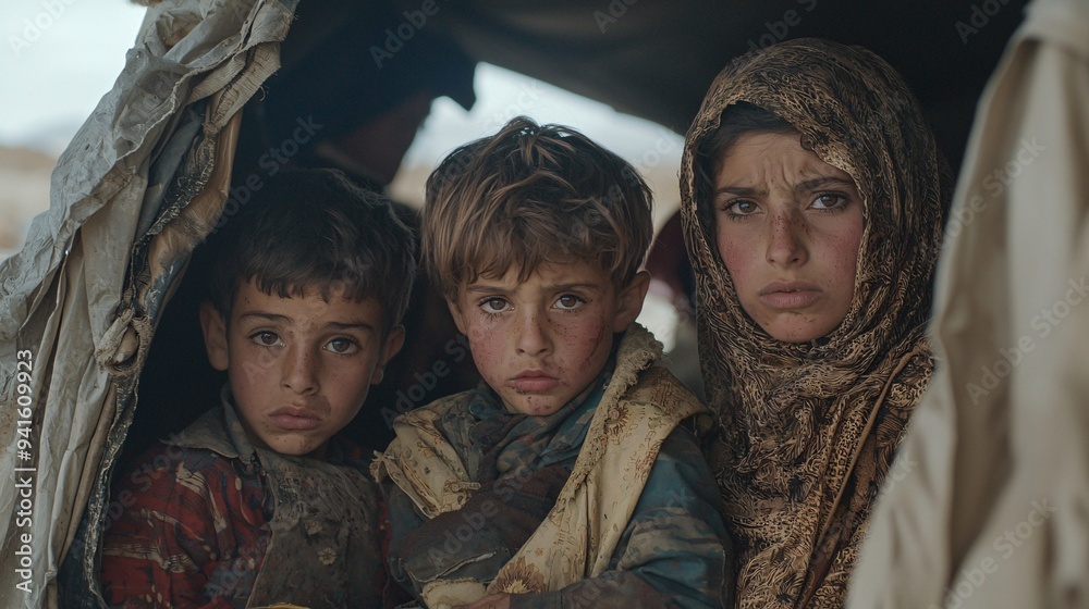 Refugee family huddled together under a makeshift shelter in a conflict zone expressions of fear and hope high detail sharp focus ultra HD Refugee family huddled together under a makeshift shelter in a conflict zone expressions of fear and hope high detail sharp focus ultra HD