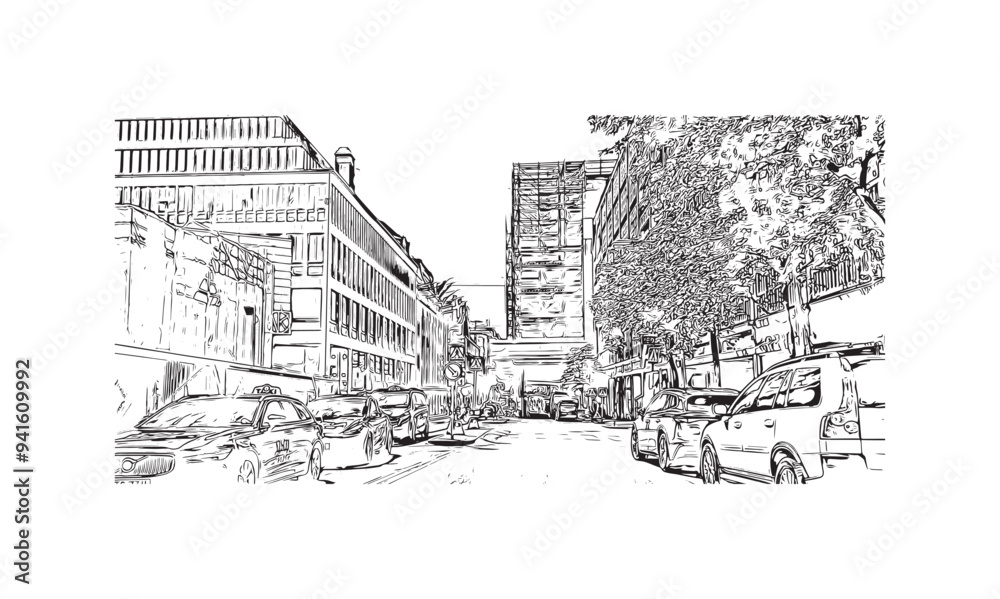Obraz premium Print Building view with landmark of Stockholm is the capital in Sweden. Hand drawn sketch illustration in vector.