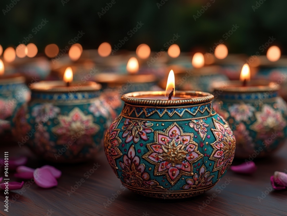 Close-up of intricately designed candle holders, glowing warmly, with floral patterns and vibrant colors, creating a festive and serene atmosphere. Close-up of intricately designed candle holders, glowing warmly, with floral patterns and vibrant colors, creating a festive and serene atmosphere.