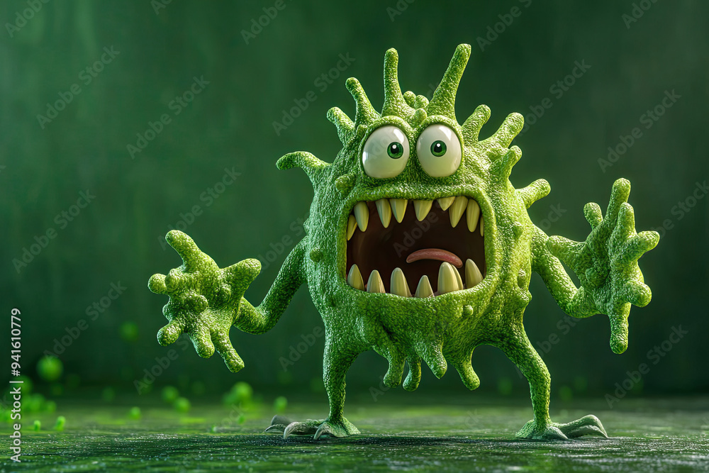 Fototapeta premium Green evil coronavirus monster isolated on a green background. Dangerous virus or bacteria, including Covid-19, HIV, and AIDS. 3D cartoon character with copy space.