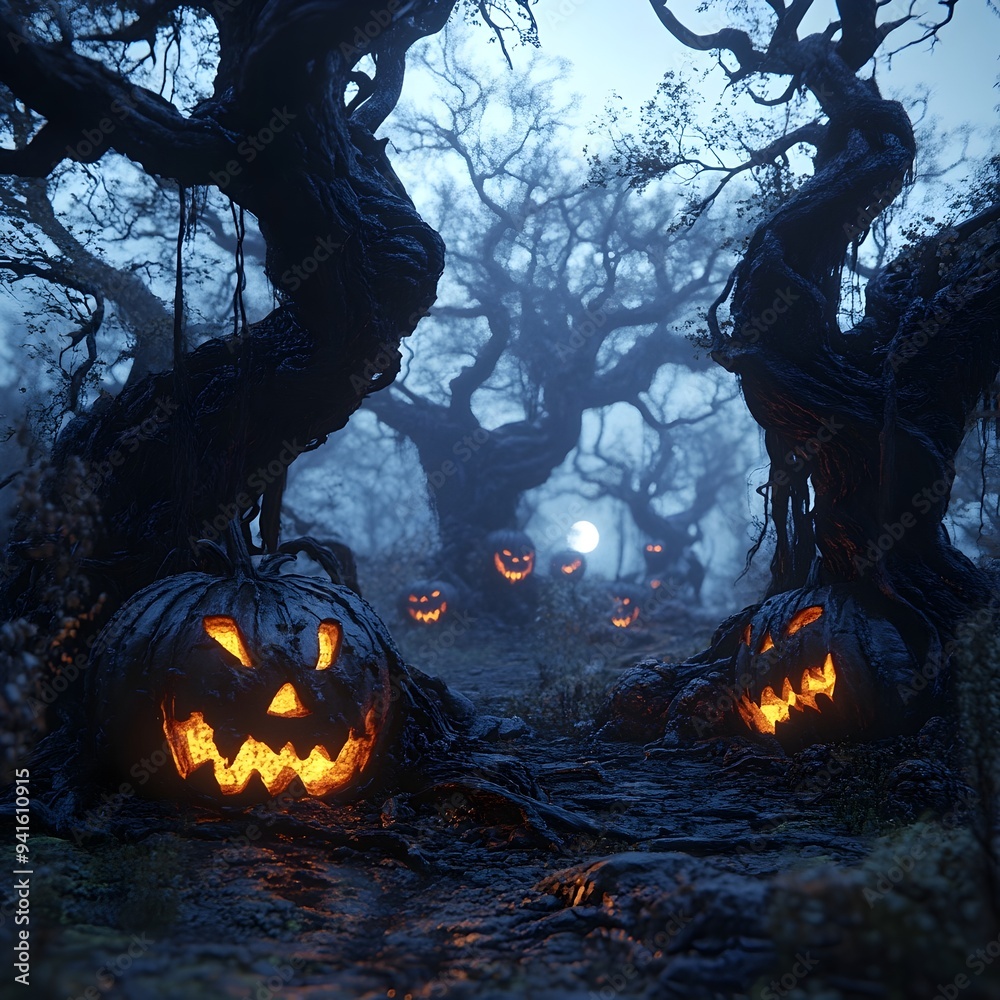 Spooky Forest with Glowing Jack o Lanterns in Eerie Moonlit Atmosphere Spooky Forest with Glowing Jack o Lanterns in Eerie Moonlit Atmosphere