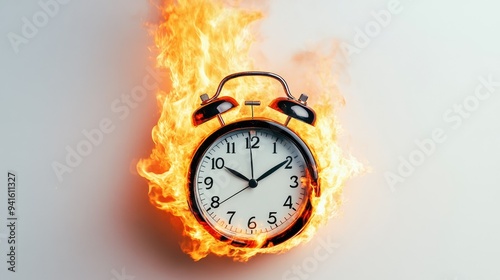 An alarm clock engulfed in flames, centered on a white background, urgency in time.