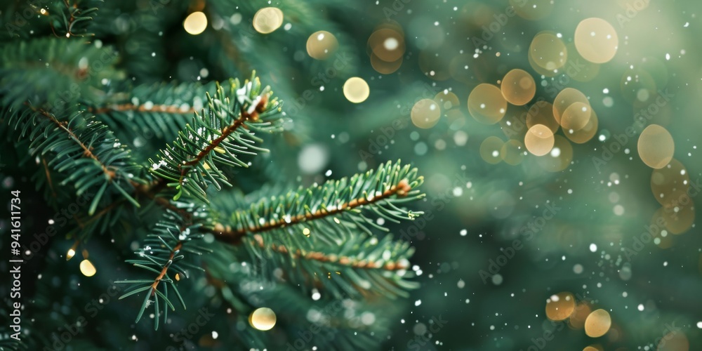 A serene close-up of snow falling gently on the branches of an evergreen pine tree, illuminated by soft, golden bokeh lights in the background. Perfect for winter holiday themes and nature visuals. A serene close-up of snow falling gently on the branches of an evergreen pine tree, illuminated by soft, golden bokeh lights in the background. Perfect for winter holiday themes and nature visuals.
