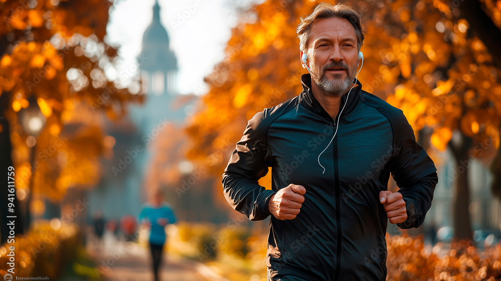 Obraz premium Middle-aged Man Jogging in a Park, Embracing Fitness and an Active Lifestyle