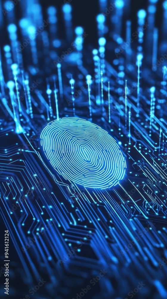 Blue digital lines flow from fingerprint icon on circuit board showing digital identification technology, cyber security, electronic data