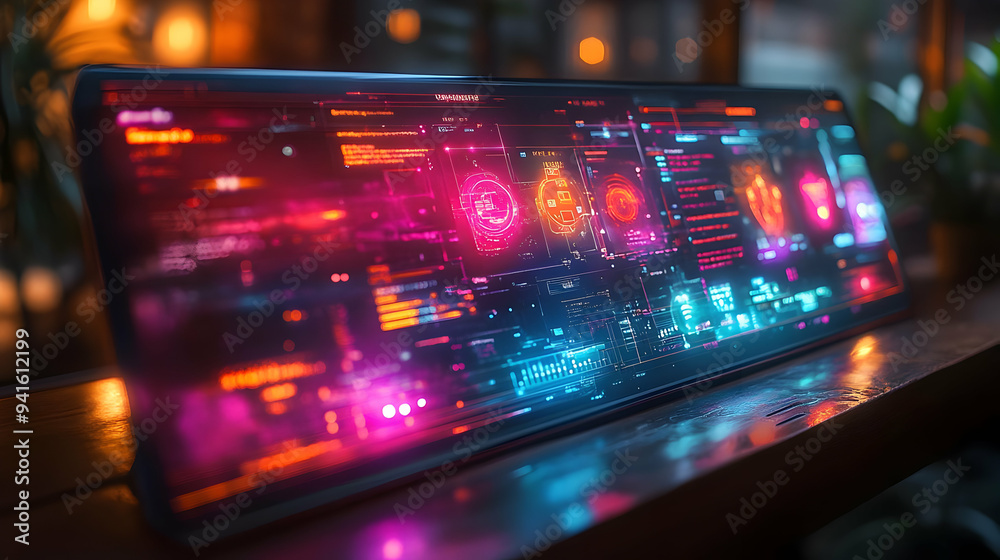 Futuristic Technology Interface - Digital Display with Neon Lights - 3D Illustration