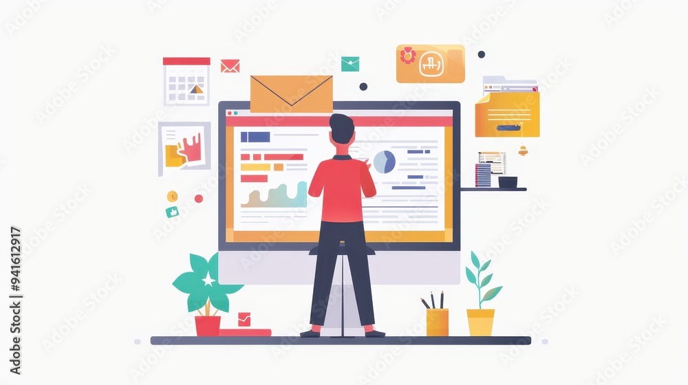 Person analyzing graphs and charts on a computer with office elements like envelopes and plants. Business and productivity concept. Person analyzing graphs and charts on a computer with office elements like envelopes and plants. Business and productivity concept.