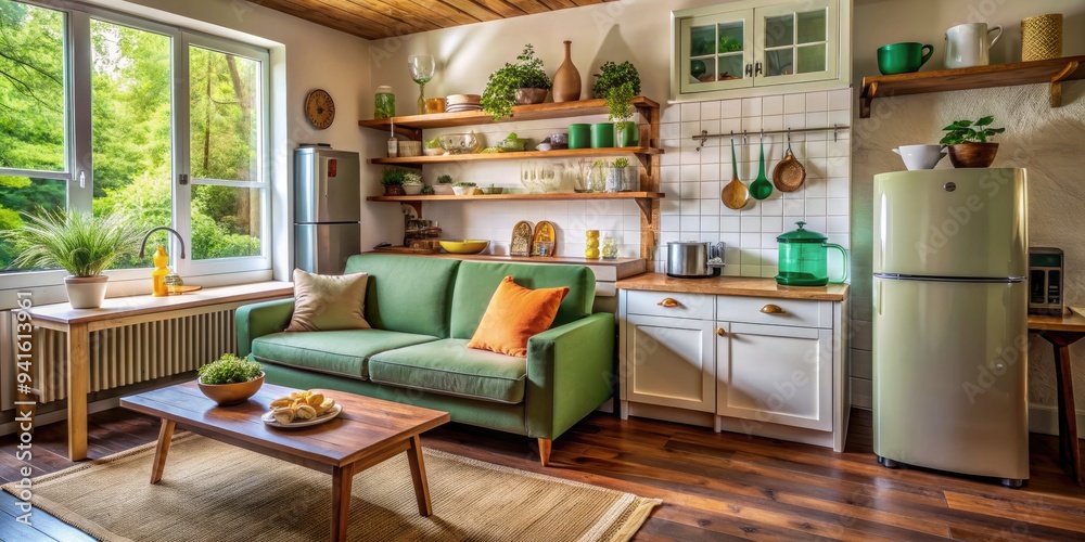 Fototapeta premium Cozy Kitchenette: Quaint fridge, vintage glassware, comfy couch, homey vibes