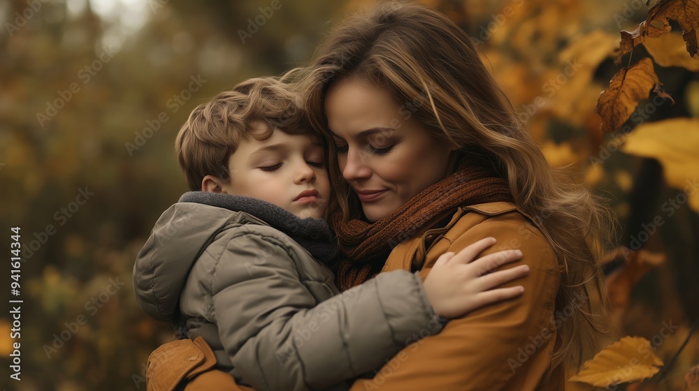 Fototapeta premium A mother embraces her son in a warm autumn forest surrounded by vibrant fall foliage during a peaceful afternoon