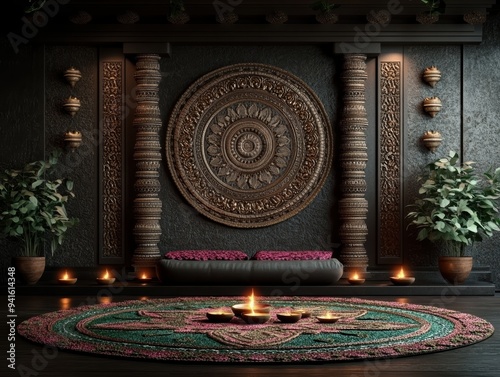 Luxurious Indian interior with intricate wall carvings, decorative pillars, and glowing diya lamps on a colorful patterned rug, creating a serene atmosphere.
