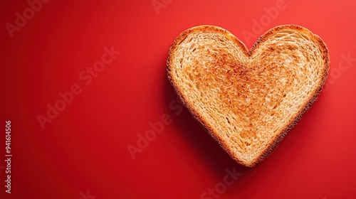 A heart-shaped slice of toast on a vibrant red background, symbolizing love and romance in food art.
