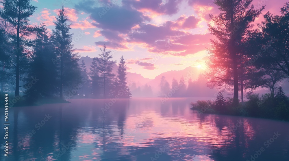 Serene Sunset Over a Misty Lake with Mountains in the Background Serene Sunset Over a Misty Lake with Mountains in the Background