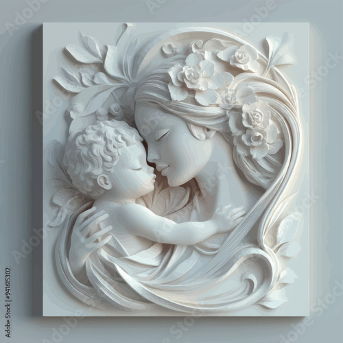 3D bas-relief of a mother and child close-up in vanilla and beige tones.Vector. A resource for advertising reproductive medicine centers, perinatal departments, a sketch, a template for creativity, cr