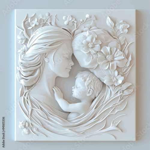 3D bas-relief of a mother and child close-up in vanilla and beige tones.Vector. A resource for advertising reproductive medicine centers, perinatal departments, a sketch, a template for creativity, cr