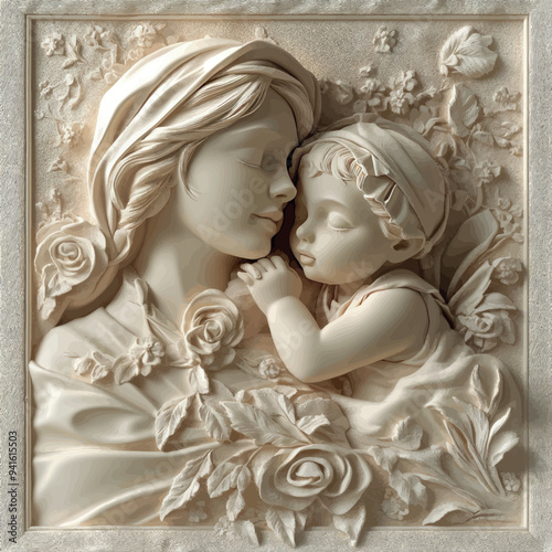 3D bas-relief of a mother and child close-up in vanilla and beige tones.Vector. A resource for advertising reproductive medicine centers, perinatal departments, a sketch, a template for creativity, cr