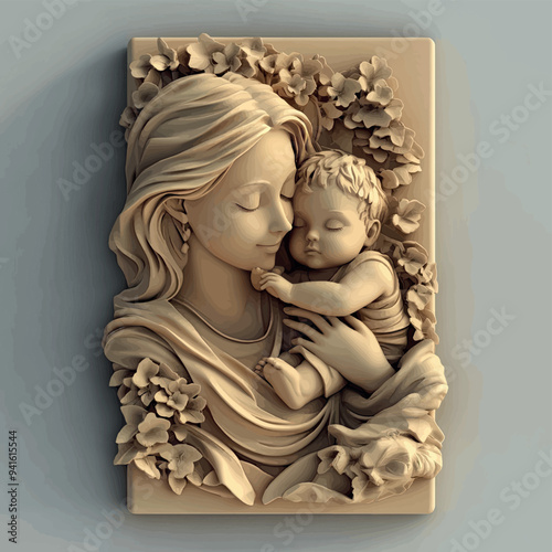 3D bas-relief of a mother and child close-up in vanilla and beige tones.Vector. A resource for advertising reproductive medicine centers, perinatal departments, a sketch, a template for creativity, cr