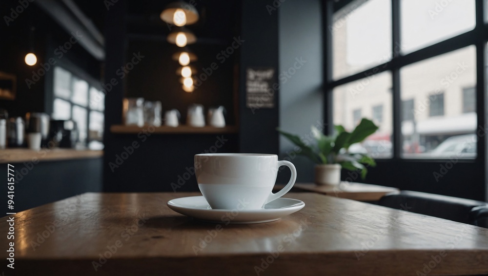 A serene minimalist coffee shop setup with a white cup and foil pouch A serene minimalist coffee shop setup with a white cup and foil pouch