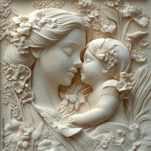 3D bas-relief of a mother and child close-up in vanilla and beige tones.Vector. A resource for advertising reproductive medicine centers, perinatal departments, a sketch, a template for creativity, cr