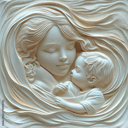 3D bas-relief of a mother and child close-up in vanilla and beige tones.Vector. A resource for advertising reproductive medicine centers, perinatal departments, a sketch, a template for creativity, cr