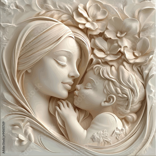 3D bas-relief of a mother and child close-up in vanilla and beige tones.Vector. A resource for advertising reproductive medicine centers, perinatal departments, a sketch, a template for creativity, cr