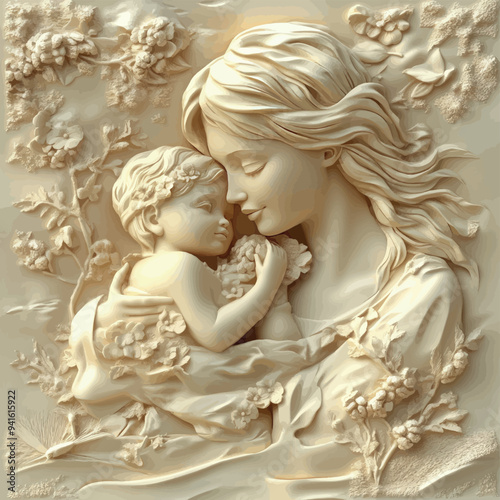 3D bas-relief of a mother and child close-up in vanilla and beige tones.Vector. A resource for advertising reproductive medicine centers, perinatal departments, a sketch, a template for creativity, cr